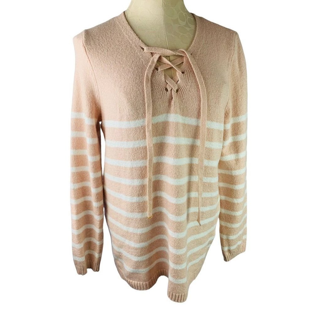 Small Calvin Klein Women's Pink White Stripe Lace Up Neckline Sweater